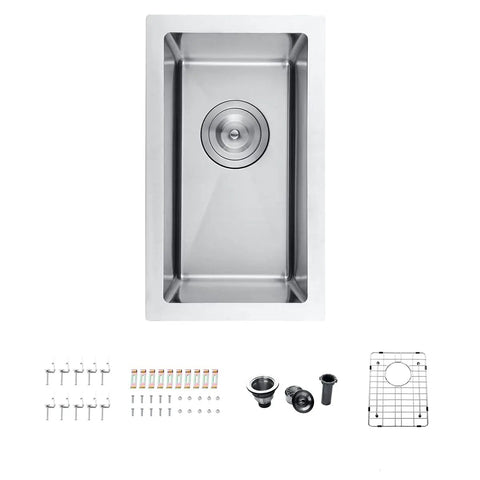 Stainless Steel Single Bowl Bar Sink For Undermount Prep In Small Kitchens 10 Inch By 17 Inch 8.5 Inch Deep 16 Gauge with accessories