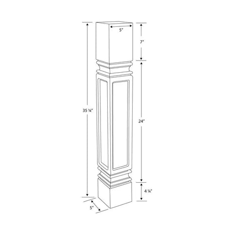 Line drawing of Unfinished Solid North American Hardwood Kitchen Island Leg In Mission Style, 35 And One Quarter Inch High By 5 Inch Wide