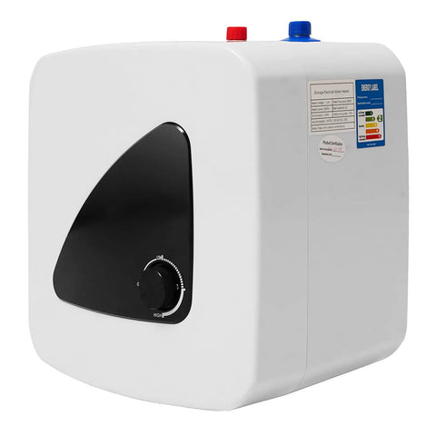 Top Pick 3.96 Gallon Mini Tank Electric Water Heater Packed With 1500 Watt 110 Volt, compact design with adjustable knob.