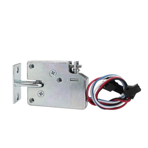 Heavy Duty DC12V Solenoid Cabinet Door Lock With Carbon Steel Deadbolts And Rock Solid One Fifty Pound Latch Hook seen from the side with wires.