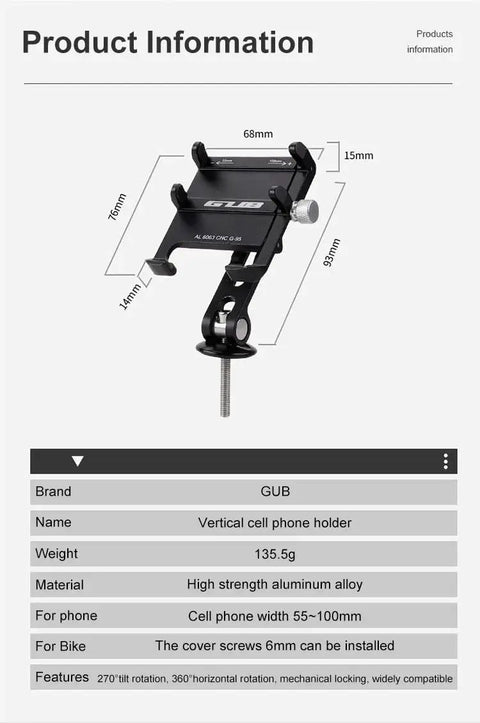 Product information sheet of Adjustable Aluminum Alloy Bike Stem Phone Mount For Handlebar Secure Cellphone Holder With Bottom Bracket