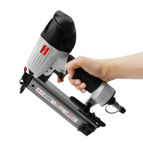 Top Shelf 18 Gauge Pneumatic Brad Nailer And Crown Stapler Combo Lightweight Air Powered Finish Tool held in hand.