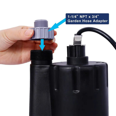 Heavy Lift Submersible Sump Pump Built With A Rock Solid Quarter Horsepower Motor And Ten Foot Cord for the garden hose adapter installation.