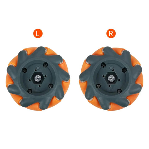 Pair of 65mm mecanum wheel for RC and robotics featuring orange rollers and dual couplings for omnidirectional motion on various surfaces.