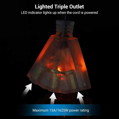 Illuminated triple tap outlet for Retractable Cord Reel With Slow Auto Return Heavy Duty 50 Foot 14 3 SJTW Cord Lighted Triple Tap Outlets 13 Amp Circuit Breaker Ceiling Or Wall Mount ETL Listed Keeps Cords Tidy And Tangled Free Kid And Pet Safe No Cap.