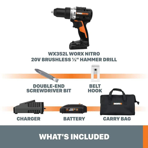 Power Share 20V Cordless Hammer Drill With Brushless Motor 1/2 In Heavy-Duty Chuck Nitro Performance Tool components displayed