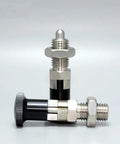 Stainless Steel Self Locking Plunger Pin With Spring Loaded Quick Pull Ring To Lock Down Tool Box Drawers Tight Built Tough For Clean Shop Setup Pro Grade M12 Fine Thread Hardware, close-up view.