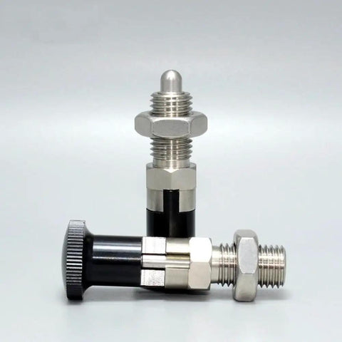 Hella Solid Stainless Steel Plunger Pin For Tool Chest Featuring Self Locking Knob Quick Release Pull Ring Spring Loaded Indexer Lock Fine M8 Precision Thread close-up of stainless steel plunger pins with black knobs.