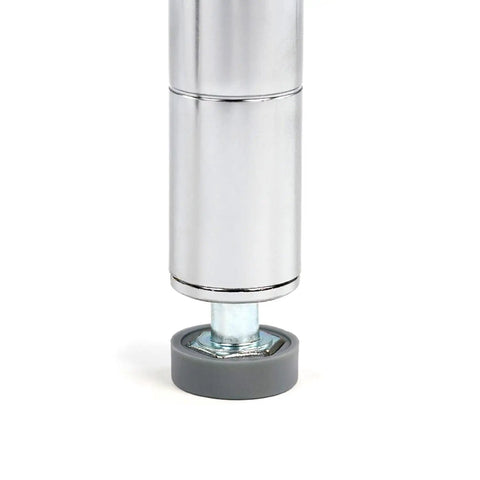 Close-up of adjustable leg on Commercial Grade Steel Wire Shelving Unit Five Tier Adjustable Storage Rack 36 X 24 X 76 Inches.