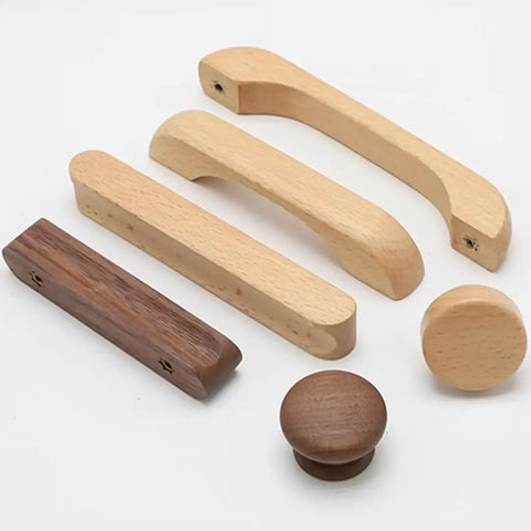 Kickin Style With These Super Snug Modern Walnut Drawer Pulls 10 Pack Real Deal Solid Wood Cabinet Grips Durable Unique Grain Kitchen Handles, assorted styles displayed.
