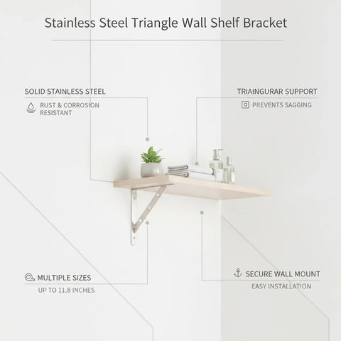 Stainless Steel Triangle Shelf Bracket Fits Standard Wood Boards for Kitchen and Bathroom Wall Storage Heavy Duty Space Saver