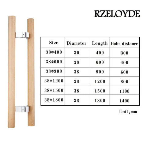 Heavy Duty H Shaped Door Pull Bar With Real Beech Wood Knobs And Dead Nuts Secure 304 Steel Connector For Glass Doors Saunas showcasing size details.