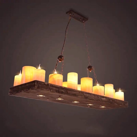 Killer Industrial Pendant Light Wrought Iron Wood Chandelier Hanging Ceiling Lamp with lit candles, stylish 118 cm length.