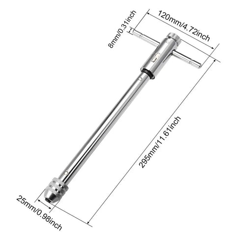 Adjustable Ratchet Tap Wrench T Handle For M5 To M12 Taps With 295mm Body, steel jaws, measurement details shown