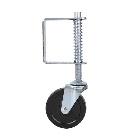Heavy Duty 4 Inch Rubber Gate Roller With Spring Loaded Swivel For Hassle Free Fence Gate Operation Automatic Anti Sag Adjustment Built Tough To Keep Your Fence Rolling Smooth Universal Mounting, close-up view of rubber wheel and metal bracket.