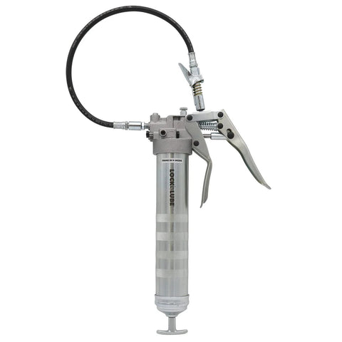 LockNLube grease gun with dual-mode pistol-grip, 20-inch hose, and inline swivel.