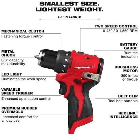 3 8 Inch M12 12v Cordless Brushless Drill And Driver Bare Tool With All Metal Keyless Chuck Variable Speed Trigger And Lightweight Compact Frame displayed with specs and features.