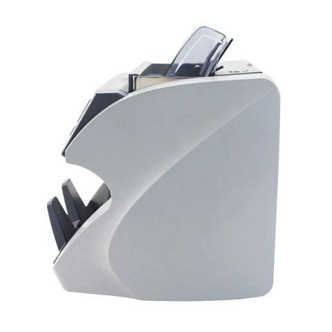 Boss Level Heavy Duty Multicurrency Money Counter With Slick Lcd Panel side view showing bill opening and smooth design.