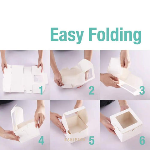 Snag This Fresh Stack Of Twenty Five White Bakery Boxes With Clear Display Window Slick Six By Six By Four Inch Pastry Cases for easy folding instructions.
