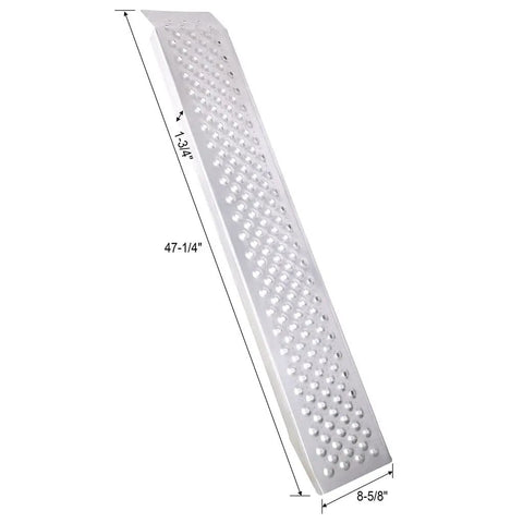 2 Pack Aluminum Loading Ramps For Shed Use 4 Ft Long By 8.6 Inch Wide Heavy Duty 880 Lb Capacity Lightweight Anti Slip Ramps For Riding Mowers ATVs Motorcycles Golf Carts And Garden Equipment showing detailed measurements and perforated surface for grip.