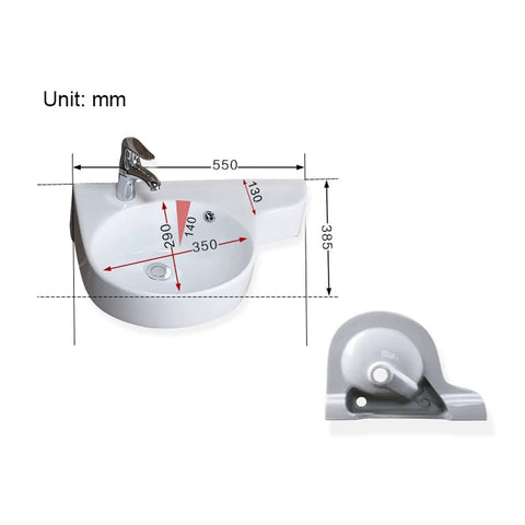 Premium Wall Mounted Corner Bathroom Vessel Sink In Crisp White Ceramic, smooth 55X38.5Cm basin with faucet holes and dimensions.
