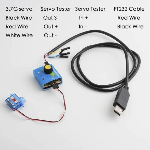 Ultra Light 3.7g Digital RC Servo GH-S37D, 3-pin signal, next to a servo tester and cables on a white background
