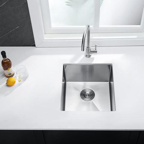 Top view of Stainless Steel Single Bowl Bar Sink With Undermount Workstation for Outdoor Kitchens And Home Bars, 17x19x9 in, installed.