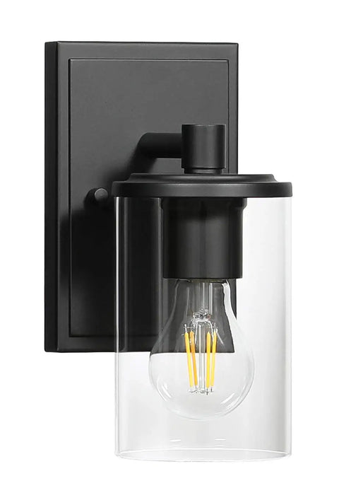 1 Light Slick Black Bathroom Vanity Sconce With Clear Tubular Glass Shade Modern Indoor Wall Lighting Hardwired Fixture Up Or Down Mount Easy Install For Any Decor, showing a matte black finish and clear glass shade.