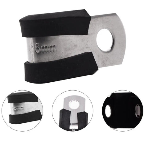 Dang Solid 1/4 Inch 304 Stainless Steel Cable Clamps 100 Pack Heavy Duty Built Ridiculously Tight With Thick Rubber Cushions For Auto Wiring And Hella Reliable Grip close-up view of a stainless steel cable clamp with rubber cushioning.