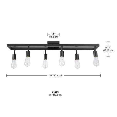 Front view of Six Light Adjustable Track Lighting Setup in Matte Black Industrial Farmhouse Style With Pivoting Heads E26 Base