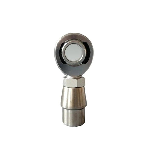 Heavy Duty Rod End Joint Kit 2 Piece Set Built Tough For Dead Tight Threaded Fit And Slick Oscillating Motion On Custom Linkage Assemblies And Garage Machine Mods Or Factory Equipment Upgrades, showcasing a stainless steel rod end joint.