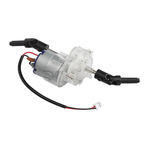 Badass Hella Quiet 260 Motor Gearbox Replacement For RC Cars Featuring Dual Ball Bearings Super Tight Low Noise Transmission Fits MN90 MN90K And MN91 Lineup Performance Mods with transparent casing and wires.