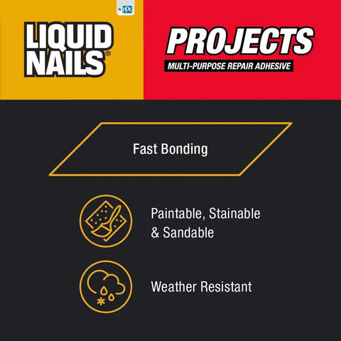 Product information graphic for Heavy Duty Construction Adhesive For Small Projects And Repairs showing bonding features.
