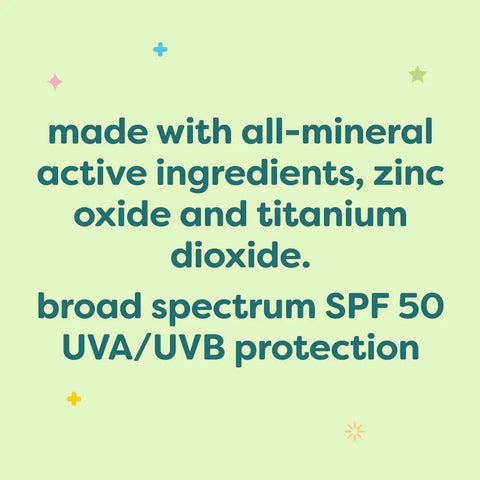 Text about mineral SPF 50 kids sunscreen with zinc oxide and titanium dioxide on a light green background with stars.