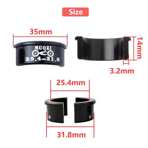 Dimensions of 4 Pack Aluminum Alloy Bicycle Handlebar Shim Adapters Spacers 25.4mm To 31.8mm Easy Fit For MTB Road Mountain And Fixed Gear Bikes Conversion Kit Lightweight Yet Sturdy Quick Install And Fine Tune shown with 35mm length, 14mm height, and 3.2mm thickness.