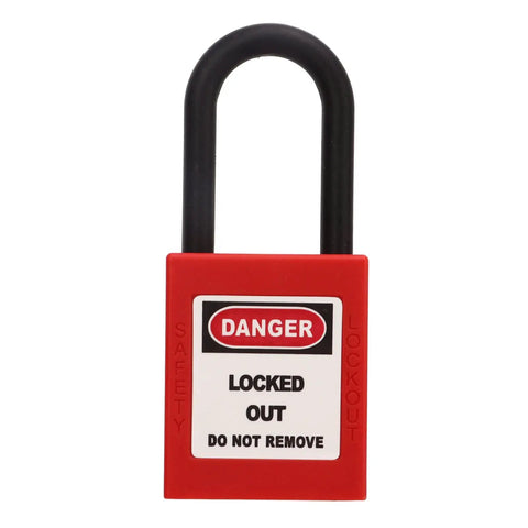 Heavy Duty Nylon Clamp On Breaker Lockout Padlock Kit Universal Tag Out Setup Built Dope For Industrial And Automotive Crews Who Want Straight Up Reliable Safety Locks, red safety lock with danger label.