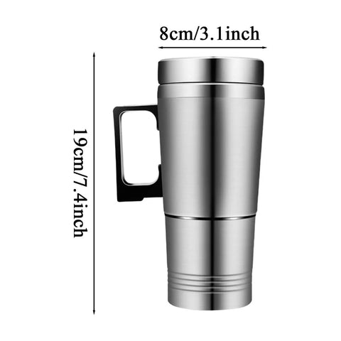 Zero Drama 12V And 24V Ride Along Electric Kettle Straight For Your Center Console Food Grade Steel Vessel side view with handle.