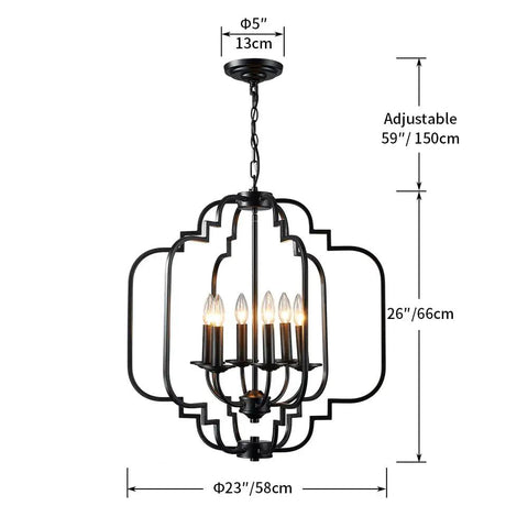 Six Light Black Farmhouse Chandelier With Globe Metal Pendant Lighting For Dining Room Living Room Kitchen And Foyer, Width 23 Inches Height 26 Inches, Adjustable Chain Up To 60 Inches, LED Compatible E12 Bulbs Not Included