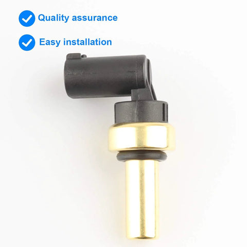 Coolant temperature sensor, side view, with brass probe and black plastic connector.
