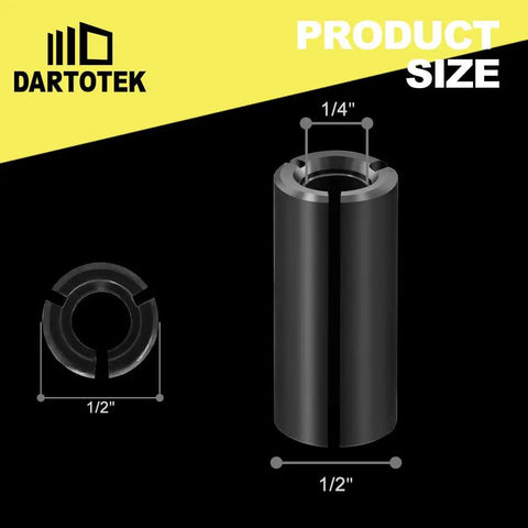 Image showing a 1/4 inch to 1/2 inch router collet, part of the CNC Spoilboard Surfacing Router Bit Set One Quarter Inch Shank One Inch Cutting Diameter Beefy Four Pack With Three Wing Planer Bits And One Router Collet For Slab Flattening And Wood Surface Planing, with measurements.