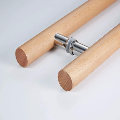 Rock Solid 304 Stainless Steel Connector, Top Shelf Heavy Duty Beech Wood Double Sided Push Pull Handle For Saunas close-up of pull bars.