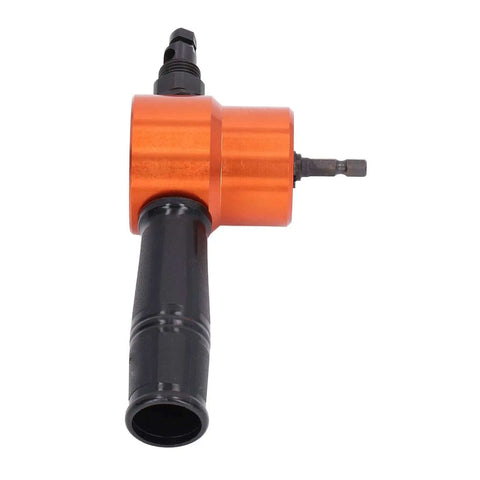 Pro 360 Degree Rotating Double Head Metal Nibbler Attachment With Step Drill Accessories For Sheet Metal Cutting Ideal For HVAC Auto Body Repair And Industrial Metalworking, showing orange tool head front view