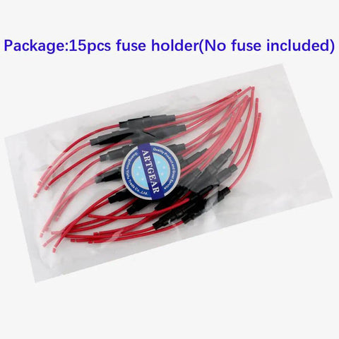 Pack of 15 Beefed Up Inline Fuse Holder 5 x 20mm With 16 AWG Wire 32V 20A Fast Blow Screw Type visible in clear plastic bag