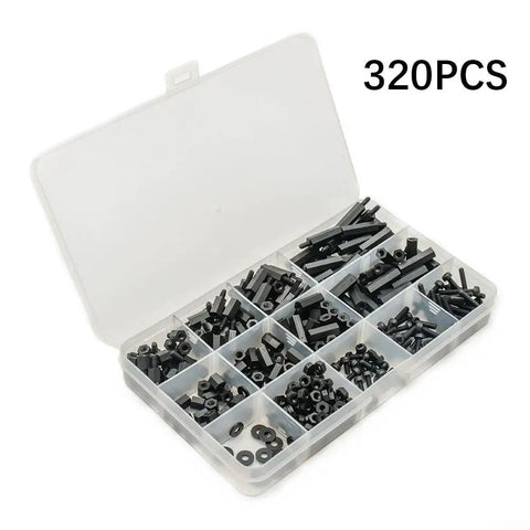 320 Pcs Nylon M3 Hex Spacer Standoff Bulk Pack With Screws Nuts Washers For PCB And Motherboard Assembly Male And Female Threaded Pillars Durable Non Conductive Insulating Spacers Easy Install Black in organizer case