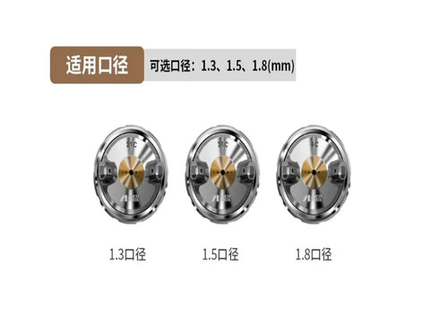 Heavy Duty Pneumatic Paint Sprayer Kit With 1.5Mm Top Fill Nozzle showing three nozzle sizes 1.3mm, 1.5mm, 1.8mm in a clean layout.