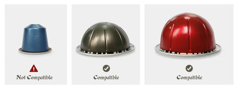 Image showing three coffee pods: one not compatible and two compactible with the Crystal Tempered Glass Top Organizer Drawer Holder For Nespresso Vertuo Capsules With Universal Slots That Fit 40 Large Or 52 Small Pods And A Rock Solid Metal Frame For Sturdy Easy Access On The Counter.