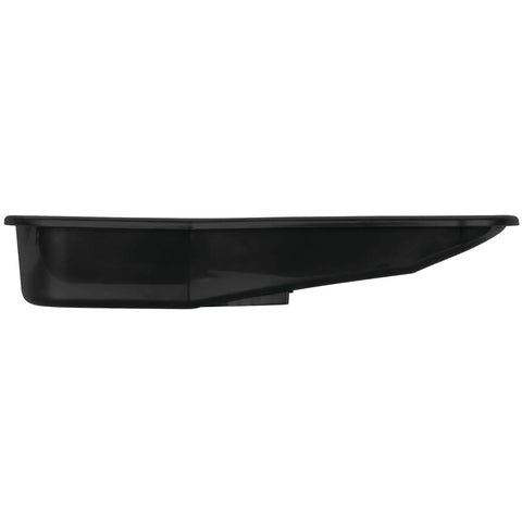 Side view of Heavy Duty 2.8 Quart Oil Drain Pan with Splash Guard and Tapered Spout for lawn equipment and motorcycles, low profile design.