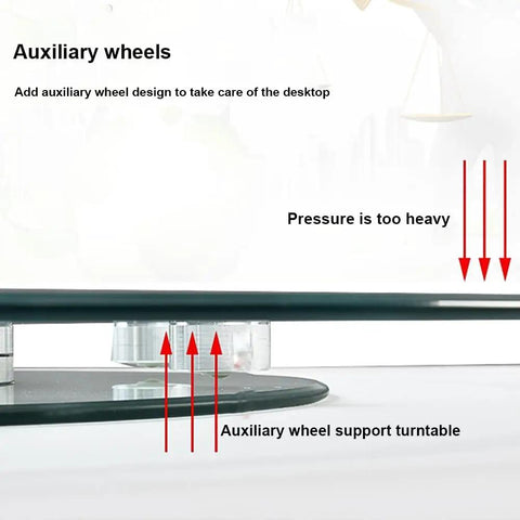 Close-up of support wheels on Transparent Rotating Serving Tray for Dining Table 60 to 100 cm Tempered Glass Lazy Susan Turntable.