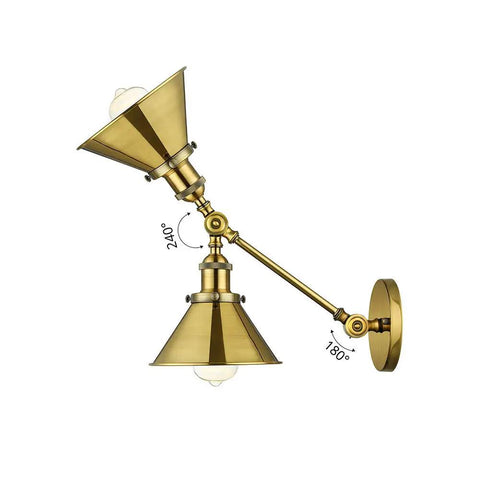 2 Pack Swing Arm Wall Light With Adjustable Brass Finish Sconce And Cone Shade Industrial Vintage Wall Lamp Mounted Lighting Fixture For Living Room And Hallway Easy Install LED Compatible, showing adjustable angle.