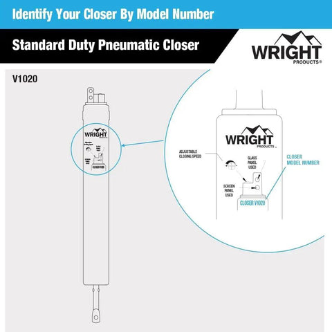 Diagram of Standard Duty Pneumatic Door Closer for Screen and Storm Doors with model number V1020 and adjustable speed